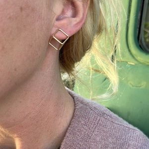 Minimalist 3D Wire cube stud gold earrings